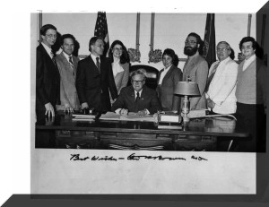 Indiana Governor Otis 'Doc' Bowen signs Indiana solar and renewable energy tax credits in 1980